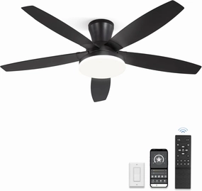 ZMISHIBO 48 inch Ceiling Fans with Lights and Remote/APP Control,Black Low Profile Ceiling Fan with Light,Quiet DC Motor,LED Dimmable, Modern Flush Mount Ceiling Fan for Bedroom Indoor/Outdoor Patio App-controlled remote fan for convenience
