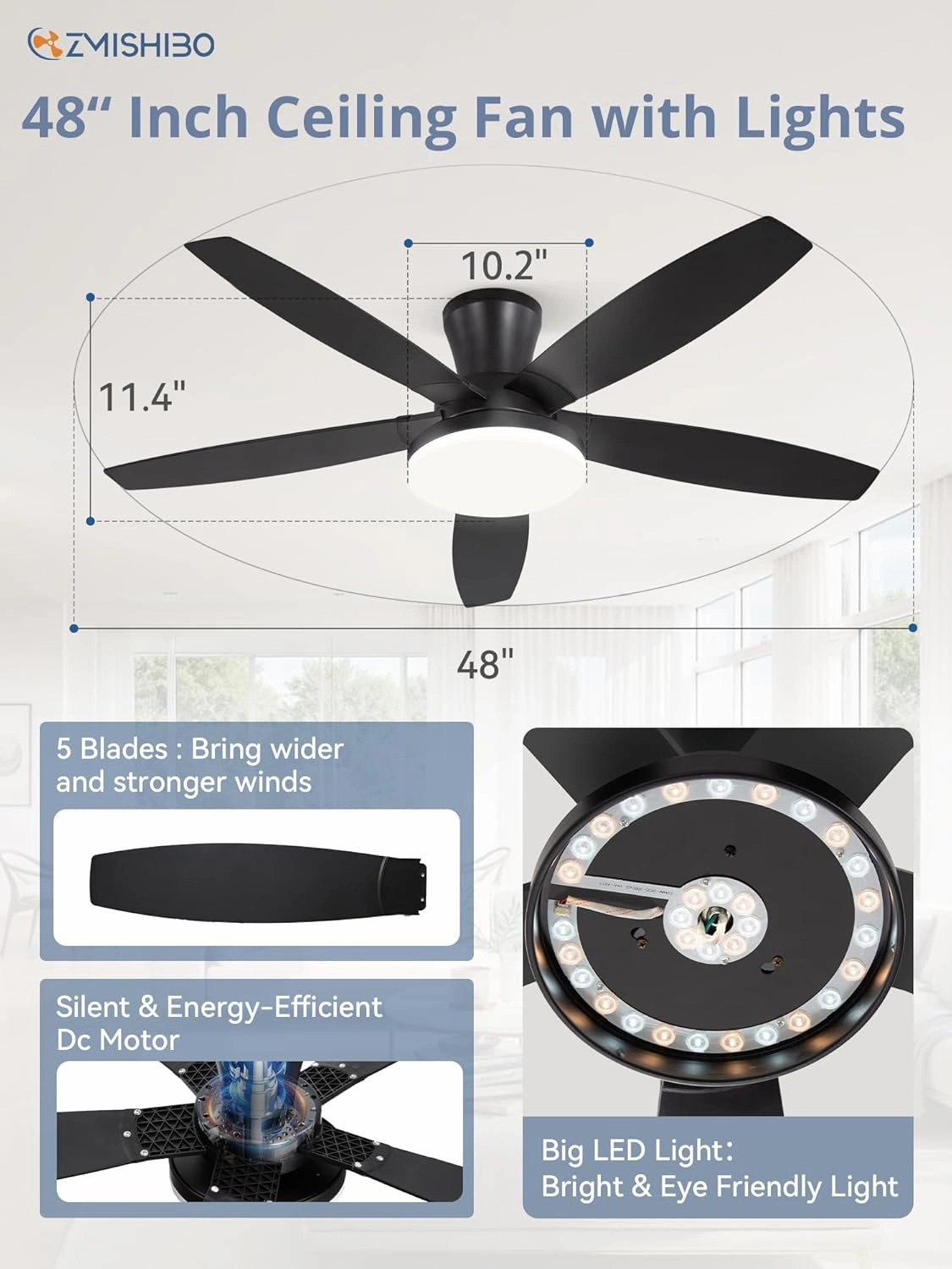 ZMISHIBO 48 inch Ceiling Fans with Lights and Remote/APP Control,Black Low Profile Ceiling Fan with Light,Quiet DC Motor,LED Dimmable, Modern Flush Mount Ceiling Fan for Bedroom Indoor/Outdoor Patio