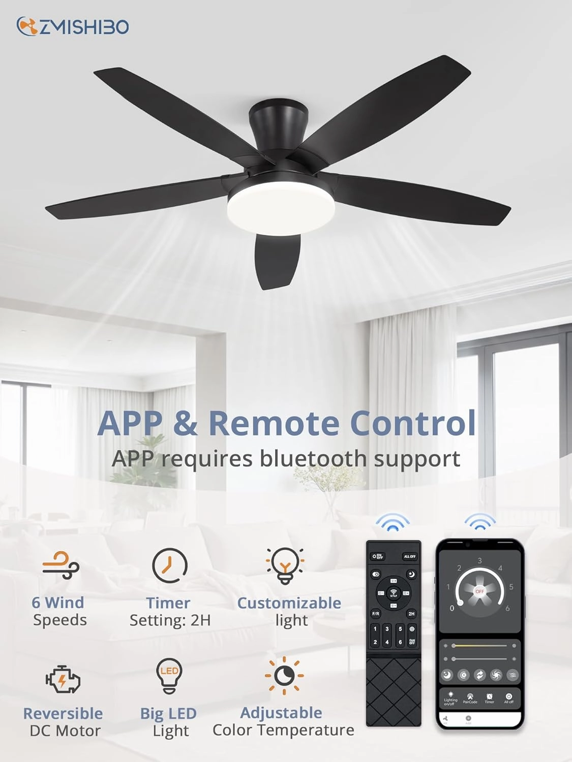 ZMISHIBO 48 inch Ceiling Fans with Lights and Remote/APP Control,Black Low Profile Ceiling Fan with Light,Quiet DC Motor,LED Dimmable, Modern Flush Mount Ceiling Fan for Bedroom Indoor/Outdoor Patio