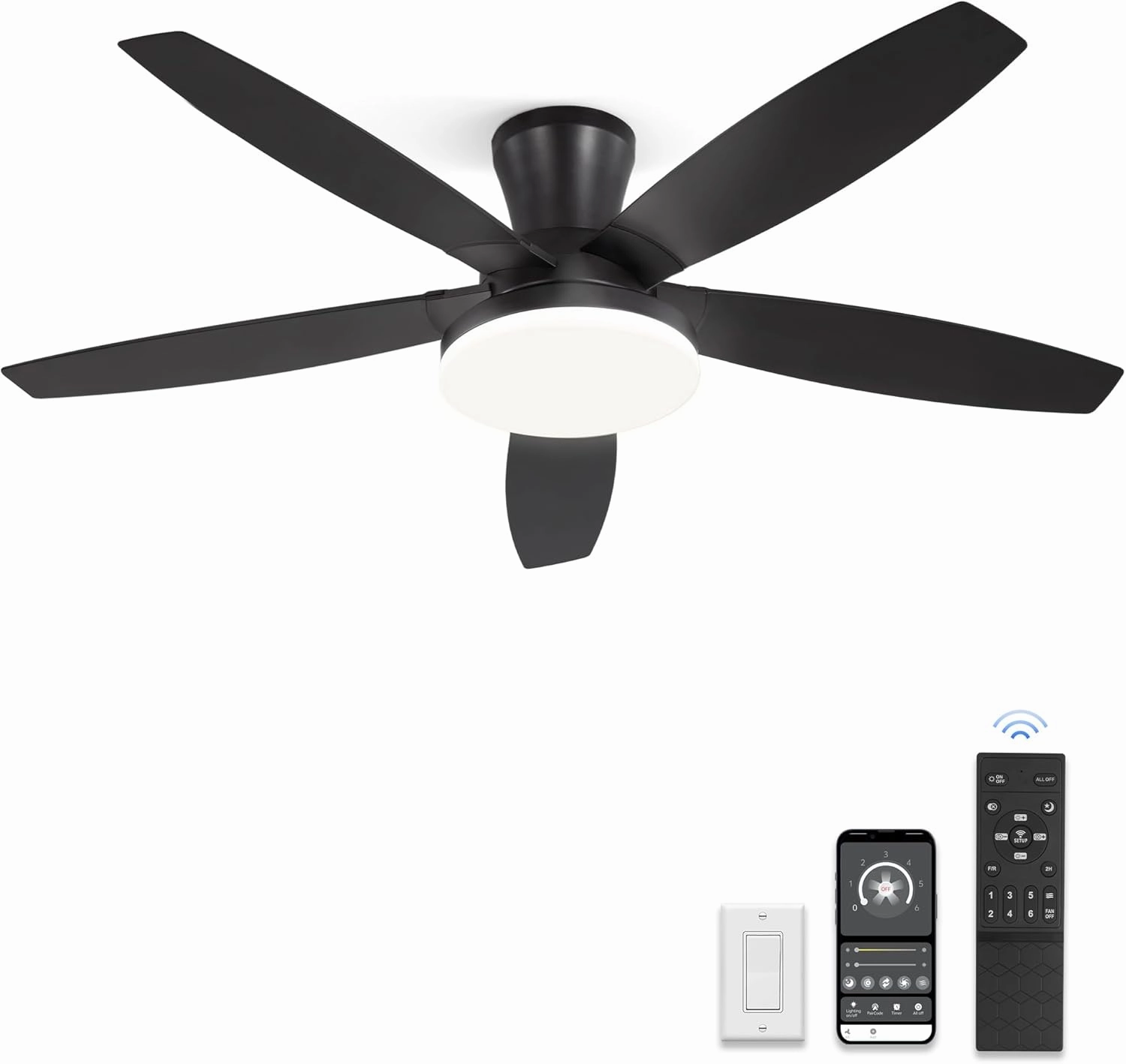 ZMISHIBO 48 inch Ceiling Fans with Lights and Remote/APP Control,Black Low Profile Ceiling Fan with Light,Quiet DC Motor,LED Dimmable, Modern Flush Mount Ceiling Fan for Bedroom Indoor/Outdoor Patio App-controlled remote fan for convenience