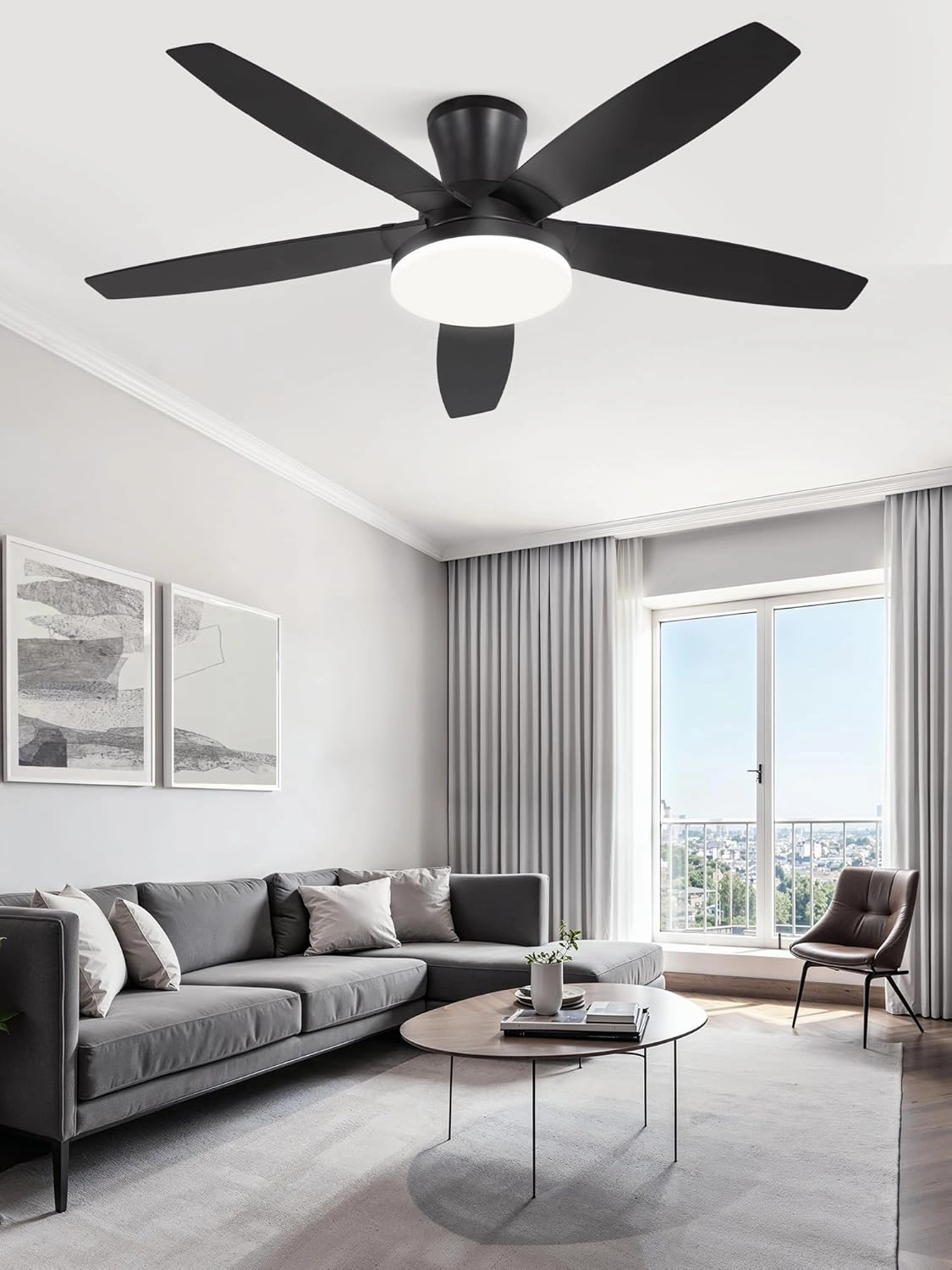 ZMISHIBO 48 inch Ceiling Fans with Lights and Remote/APP Control,Black Low Profile Ceiling Fan with Light,Quiet DC Motor,LED Dimmable, Modern Flush Mount Ceiling Fan for Bedroom Indoor/Outdoor Patio