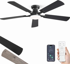ZMISHIBO 52 Inch Ceiling Fan with Light, App&Remote Control, Flush Mount Low Profile, Dimmable 20W LED Light, Quiet Reversible Motor for Bedroom, Living Room, Apartment, Black App-controlled remote fan for convenience