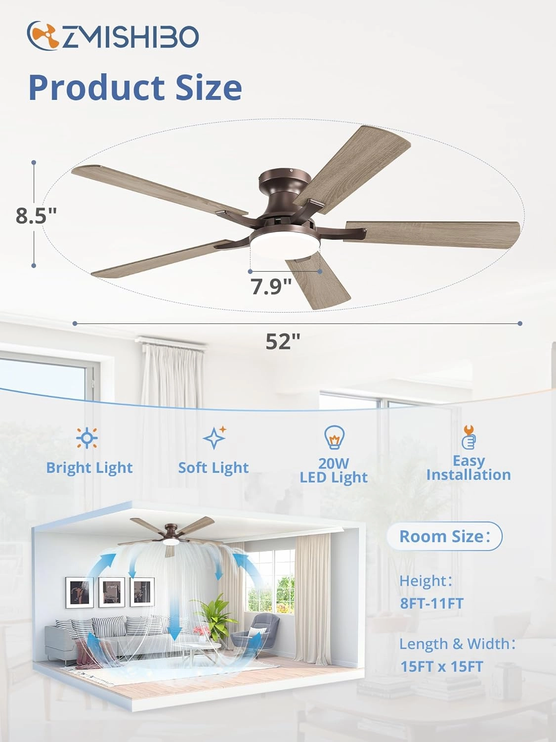 ZMISHIBO 52 Inch Ceiling Fan with Light, App&Remote Control, Flush Mount Low Profile, Dimmable 20W LED Light, Quiet Reversible Motor for Bedroom, Living Room, Apartment, Brown