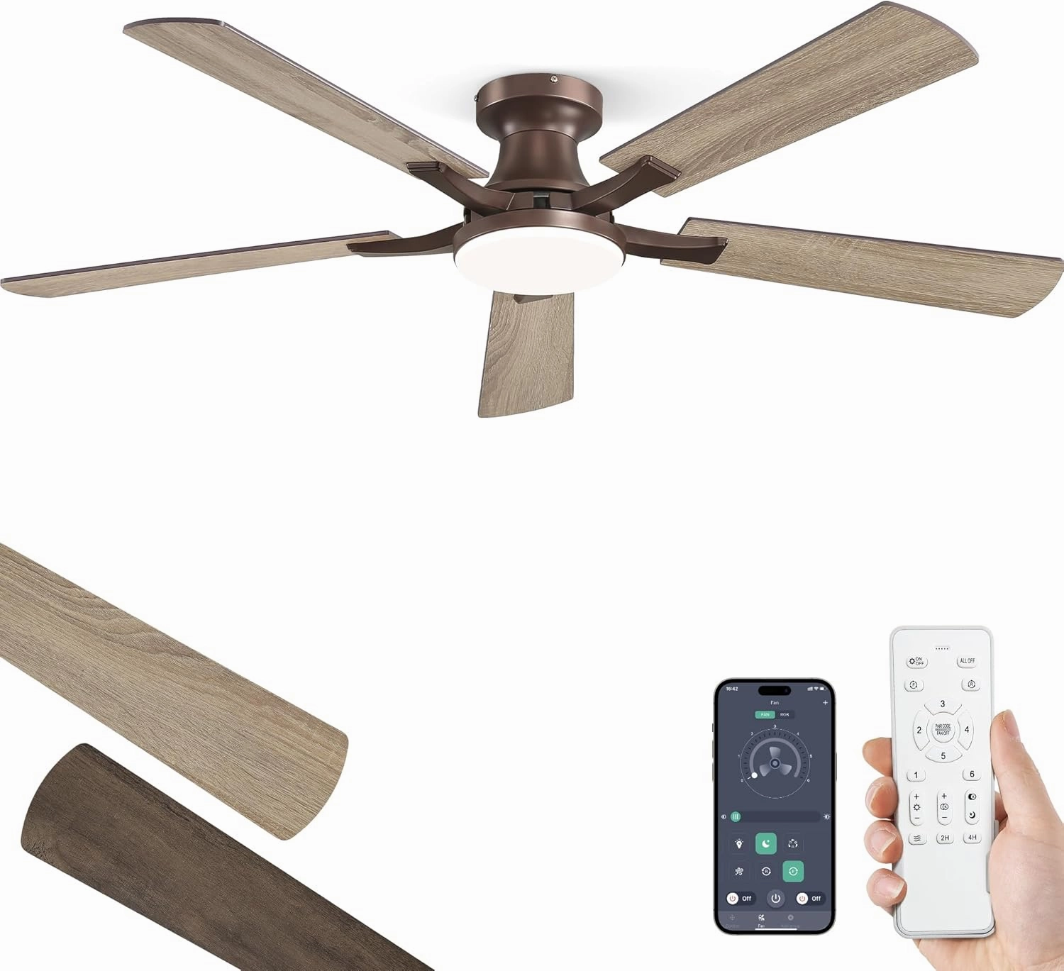 ZMISHIBO 52 Inch Ceiling Fan with Light, App&Remote Control, Flush Mount Low Profile, Dimmable 20W LED Light, Quiet Reversible Motor for Bedroom, Living Room, Apartment, Brown App-controlled remote fan for convenience