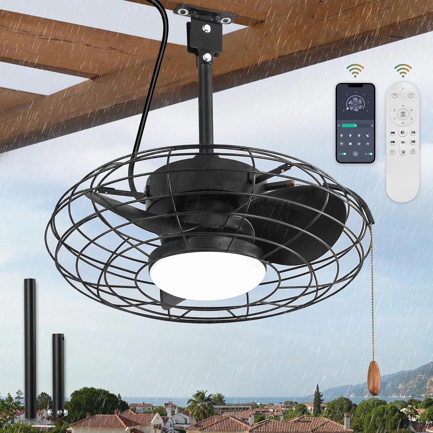 ZMISHIBO Outdoor Ceiling Fans with Light for Patios,Waterproof Gazebo Fan with Remote Control Smart App,3CCT Dimmable,Plug in Caged Ceiling Fan with Pull Chain for Porch Pergola,Black App-controlled remote fan for convenience