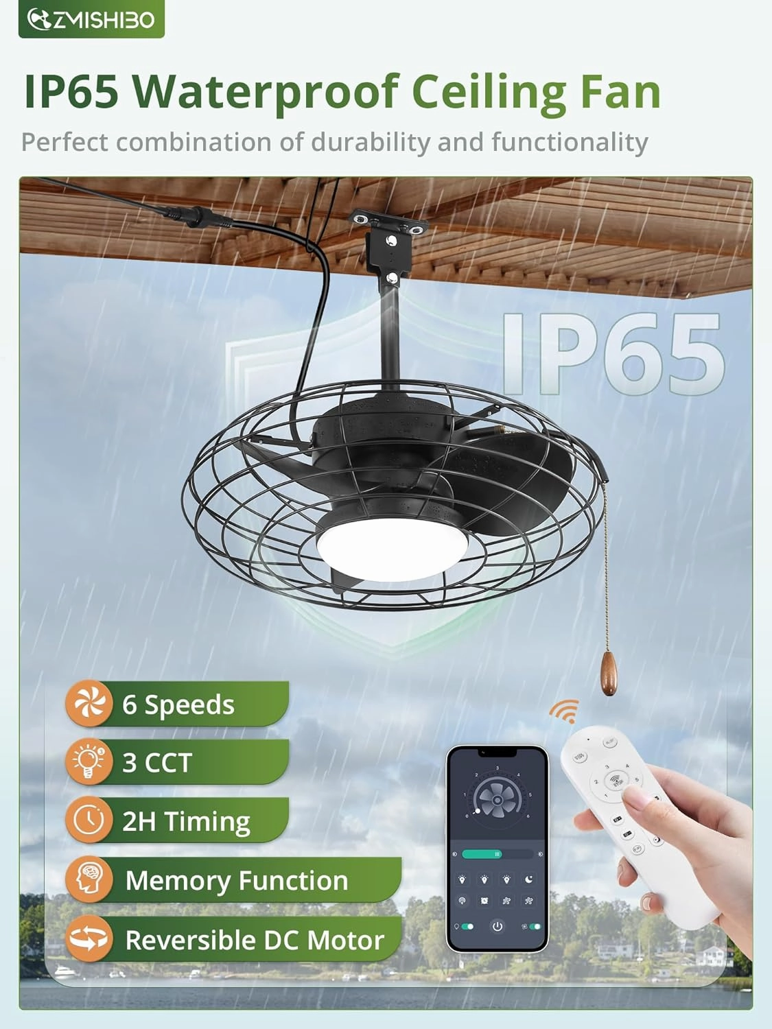 ZMISHIBO Outdoor Ceiling Fans with Light for Patios,Waterproof Gazebo Fan with Remote Control Smart App,3CCT Dimmable,Plug in Caged Ceiling Fan with Pull Chain for Porch Pergola,Black