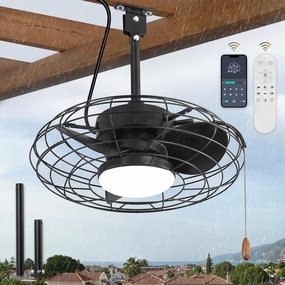 ZMISHIBO Outdoor Ceiling Fans with Light for Patios,Waterproof Gazebo Fan with Remote Control Smart App,3CCT Dimmable,Plug in Caged Ceiling Fan with Pull Chain for Porch Pergola,Black App-controlled remote fan for convenience