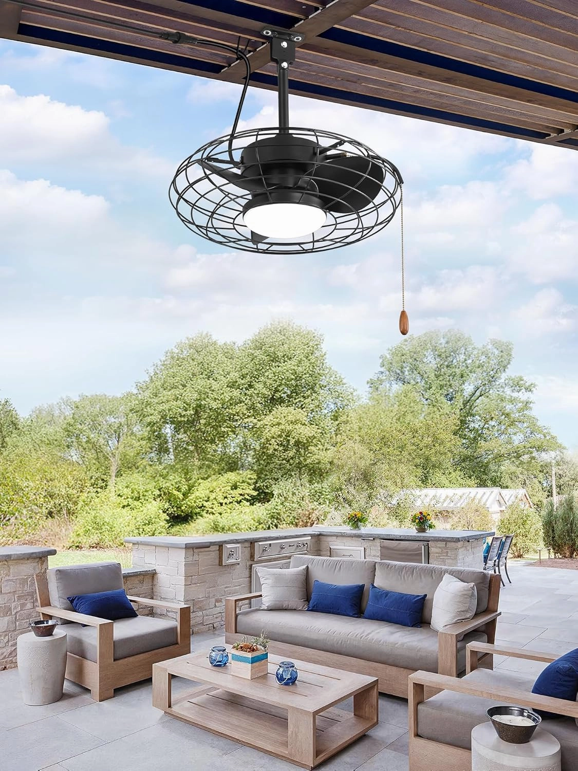 ZMISHIBO Outdoor Ceiling Fans with Light for Patios,Waterproof Gazebo Fan with Remote Control Smart App,3CCT Dimmable,Plug in Caged Ceiling Fan with Pull Chain for Porch Pergola,Black