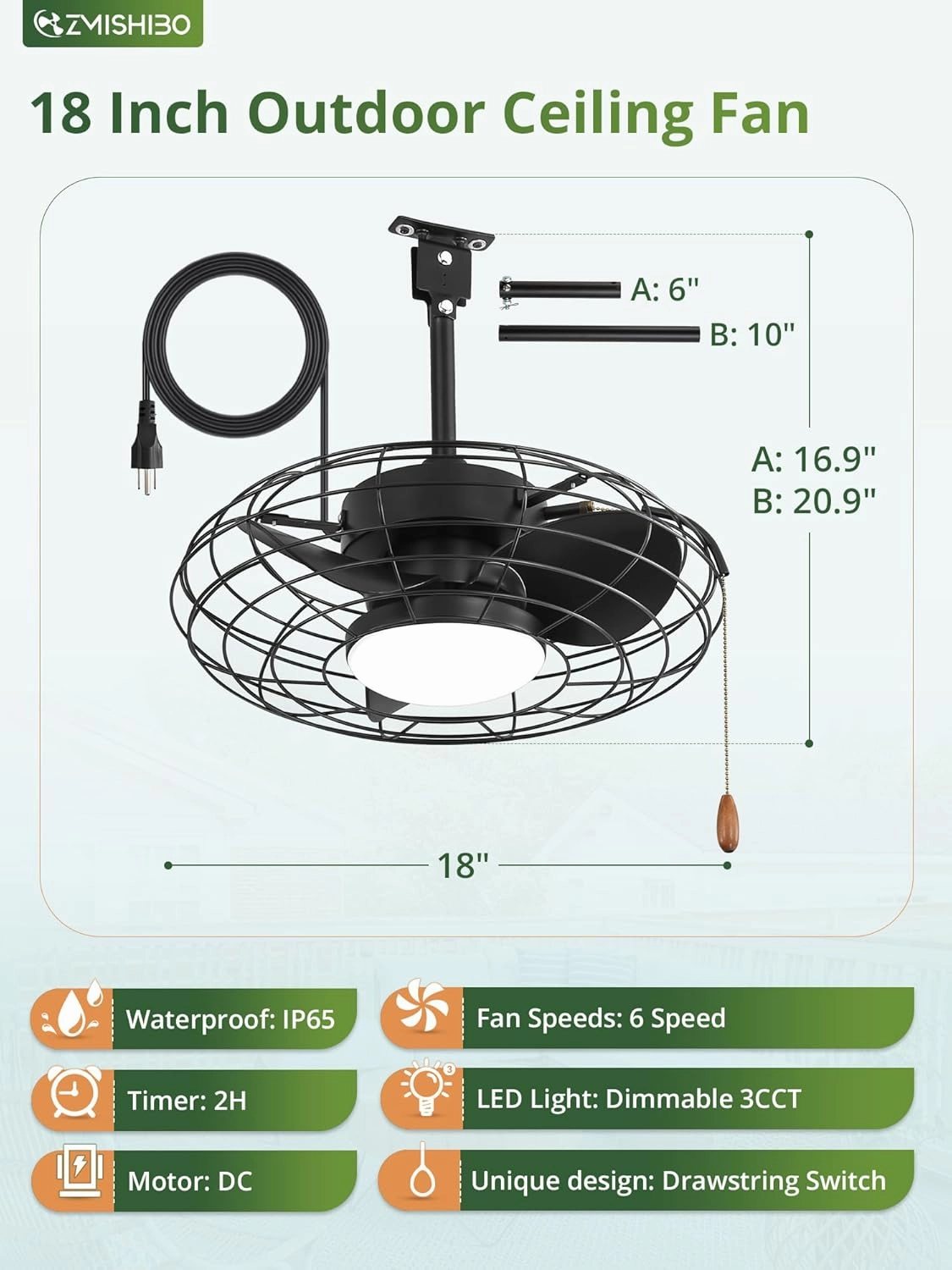 ZMISHIBO Outdoor Ceiling Fans with Light for Patios,Waterproof Gazebo Fan with Remote Control Smart App,3CCT Dimmable,Plug in Caged Ceiling Fan with Pull Chain for Porch Pergola,Black