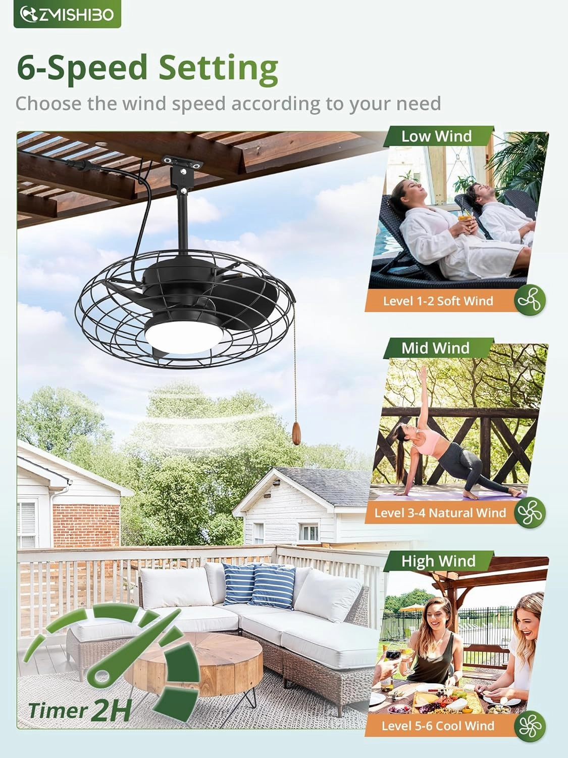 ZMISHIBO Outdoor Ceiling Fans with Light for Patios,Waterproof Gazebo Fan with Remote Control Smart App,3CCT Dimmable,Plug in Caged Ceiling Fan with Pull Chain for Porch Pergola,Black