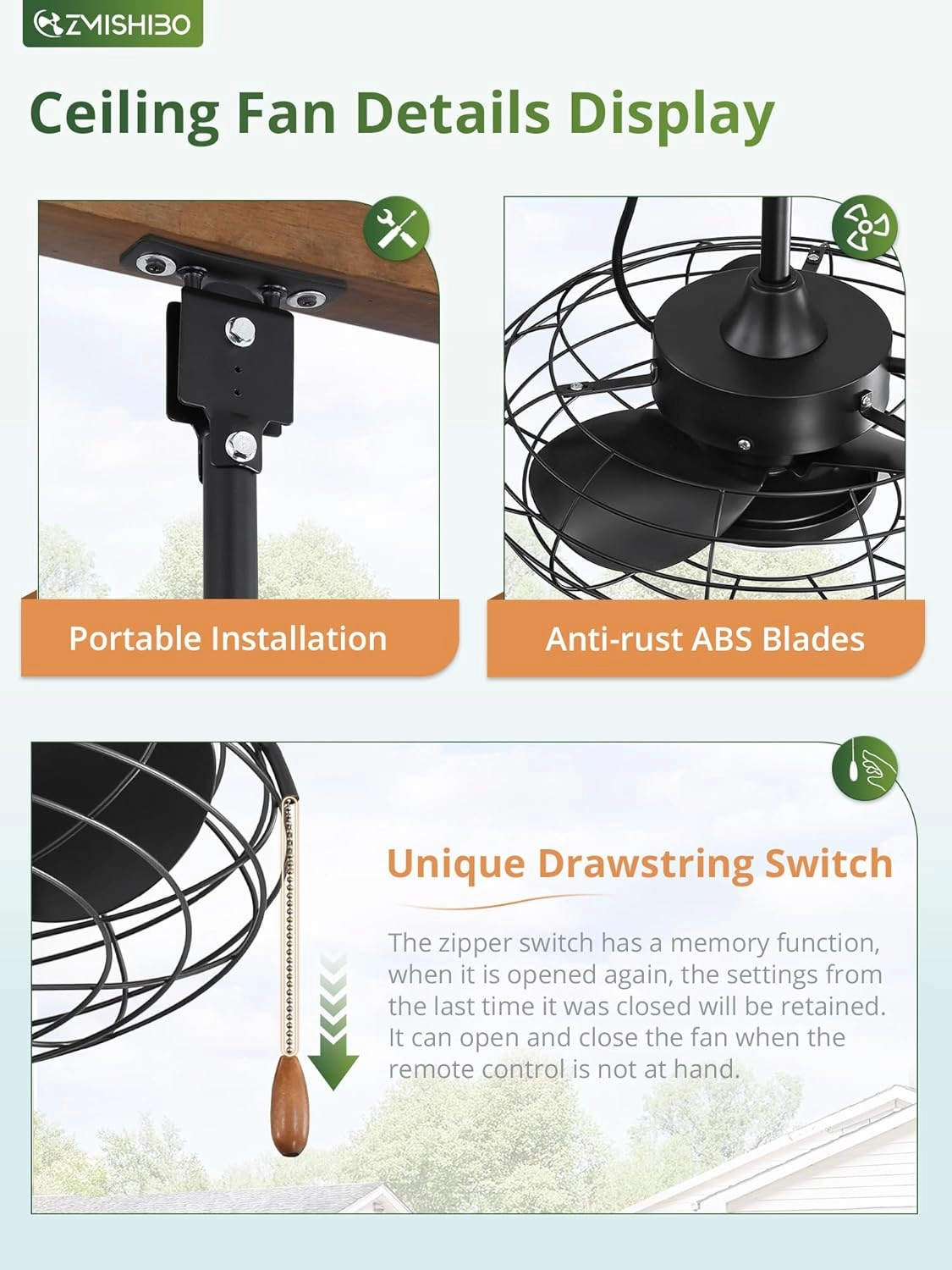 ZMISHIBO Outdoor Ceiling Fans with Light for Patios,Waterproof Gazebo Fan with Remote Control Smart App,3CCT Dimmable,Plug in Caged Ceiling Fan with Pull Chain for Porch Pergola,Black