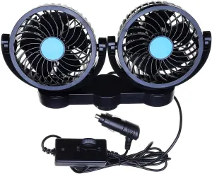 ZONETECH Car Cooling Air Fan 12V- Dual Head Car Auto Electric Cooling Air Fan for Rear Seat (Black 1 pack) 360-degree rotating fan for home use