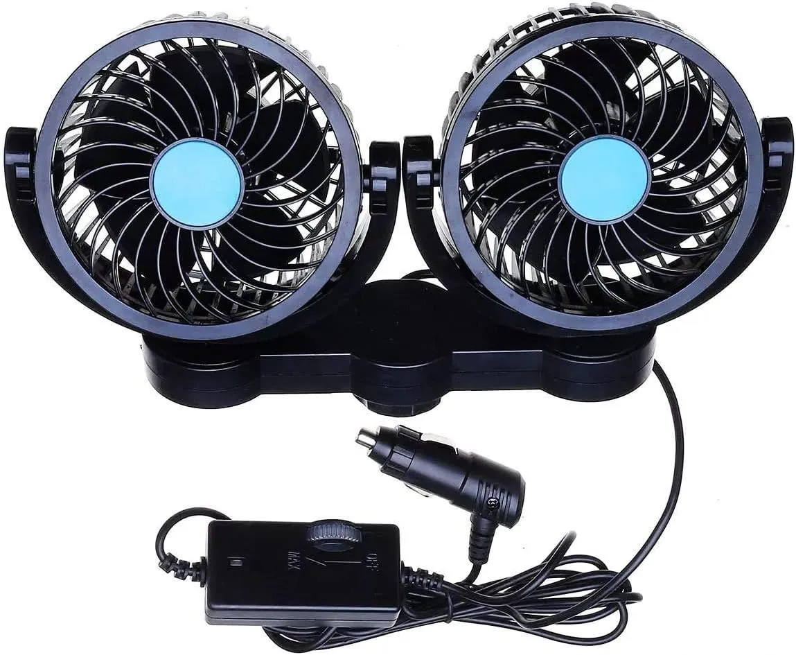ZONETECH Car Cooling Air Fan 12V- Dual Head Car Auto Electric Cooling Air Fan for Rear Seat (Black 1 pack) 360-degree rotating fan for home use