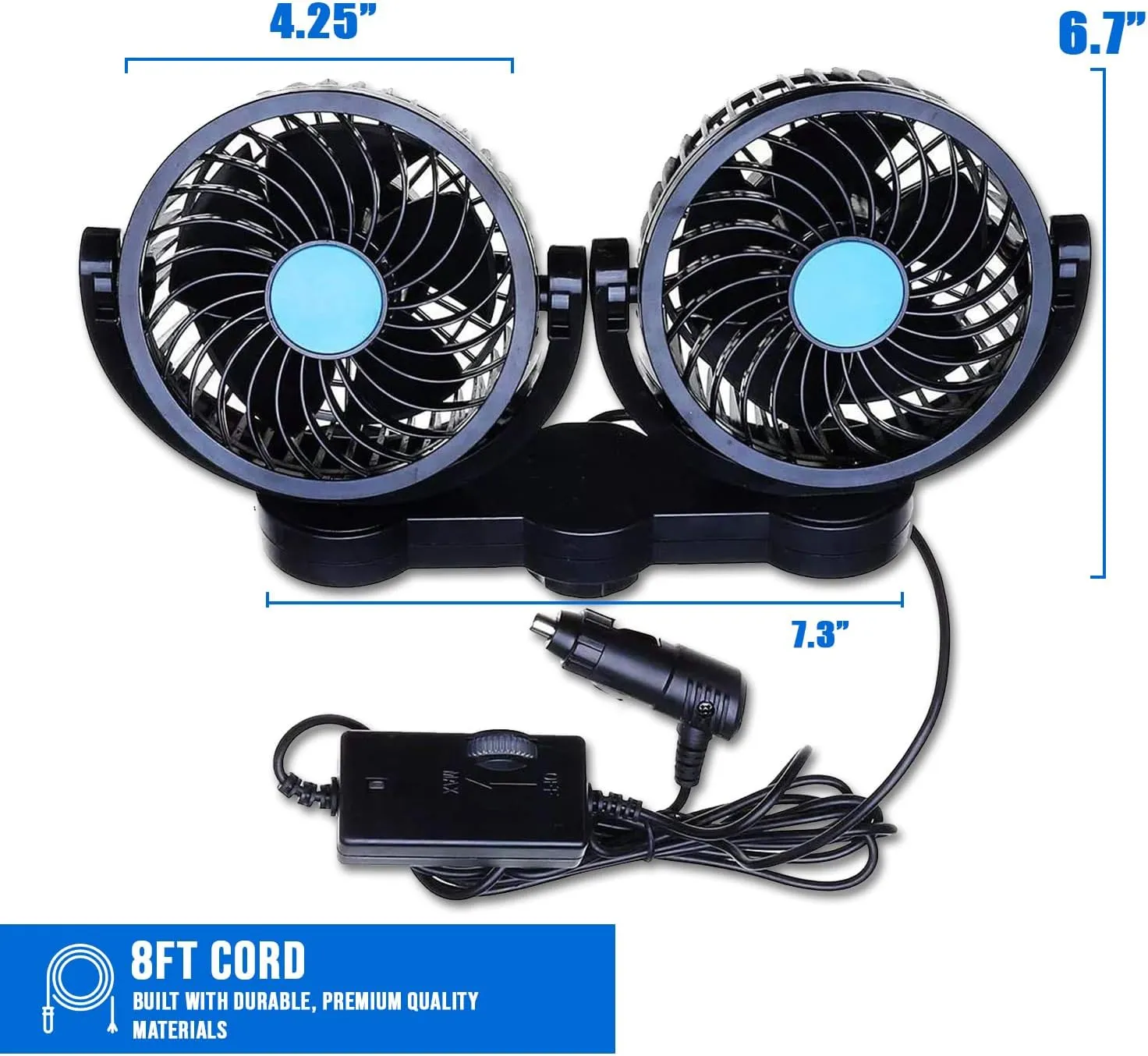 ZONETECH Car Cooling Air Fan 12V- Zone Tech 12V Dual Head Car Auto Electric Cooling Air Fan for Rear Seat (Black 2 Pack)