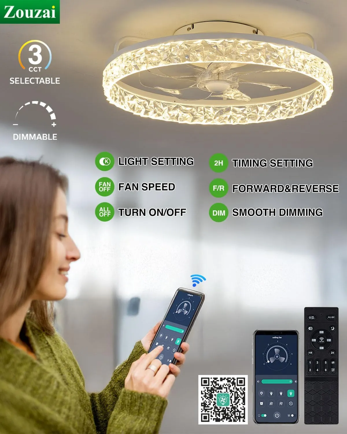 zouzai Ceiling Fans with Lights, 20" Flush Mount Ceiling Fan with Remote & APP Control, Black Low Profile Ceiling Fan with 6 Wind SpeedsClassic Crystal Model-White