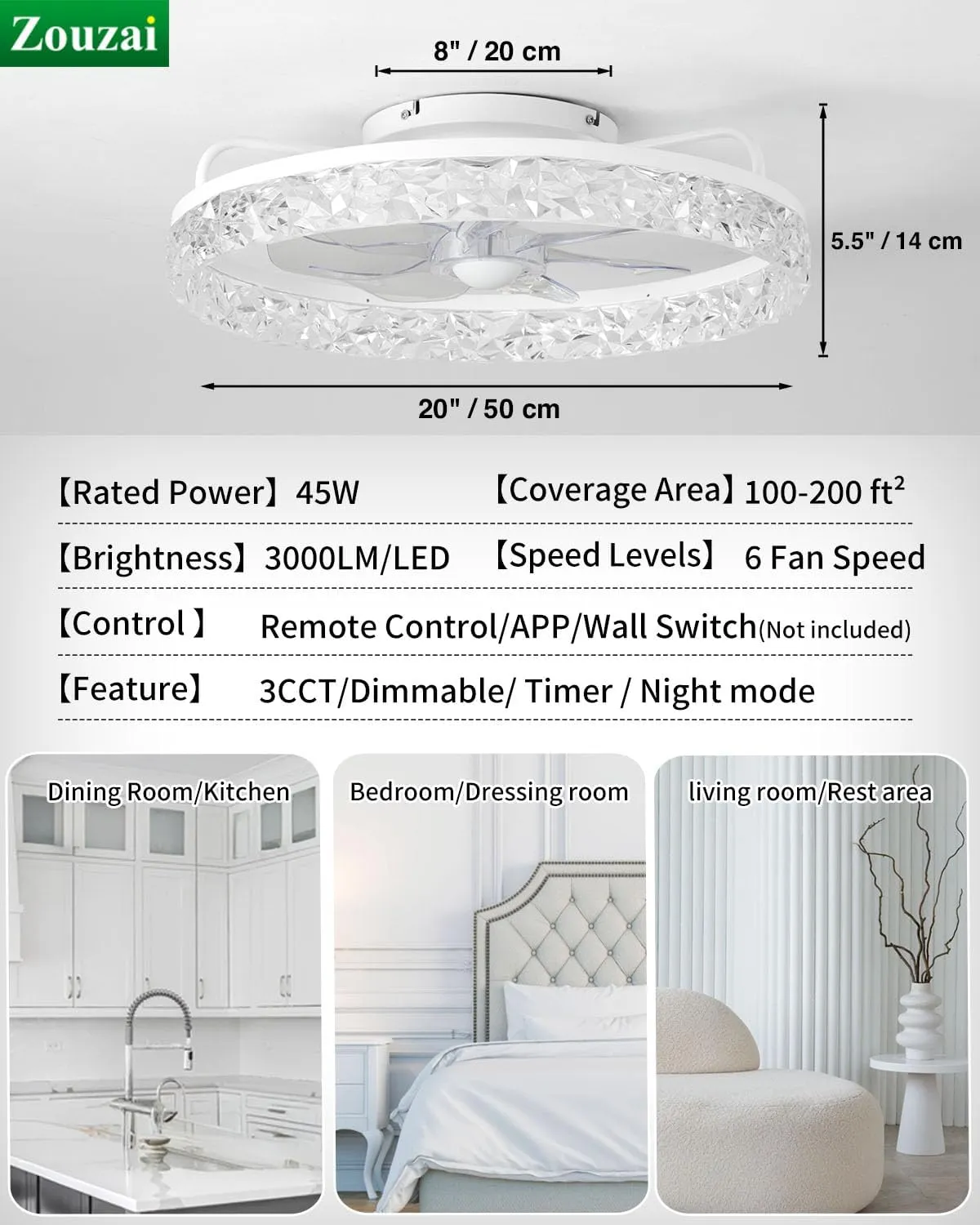 zouzai Ceiling Fans with Lights, 20" Flush Mount Ceiling Fan with Remote & APP Control, Black Low Profile Ceiling Fan with 6 Wind SpeedsClassic Crystal Model-White