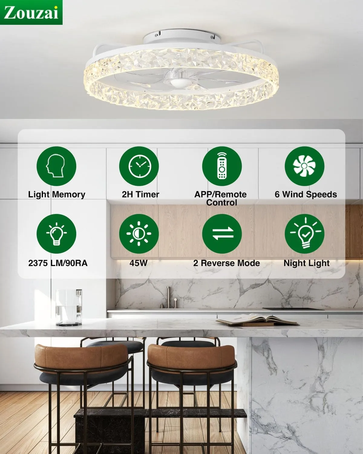 zouzai Ceiling Fans with Lights, 20" Flush Mount Ceiling Fan with Remote & APP Control, Black Low Profile Ceiling Fan with 6 Wind SpeedsClassic Crystal Model-White