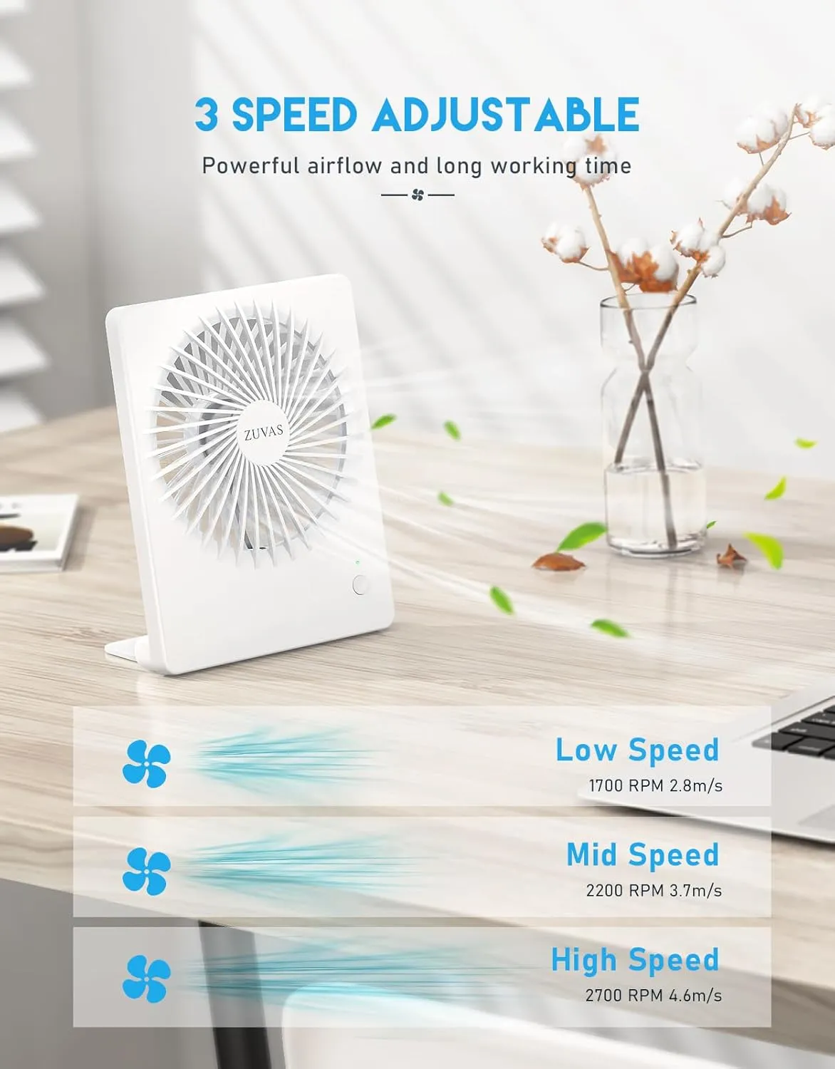 Zuvas Desk Fan Battery Operated Fan Rechargeable 180Tilt Folding Personal Fan Ultra Quiet Small Portable Fan 3 Speed Adjustable Strong Wind USB Fan For Office Bedroom Home Desktop Camping (White)