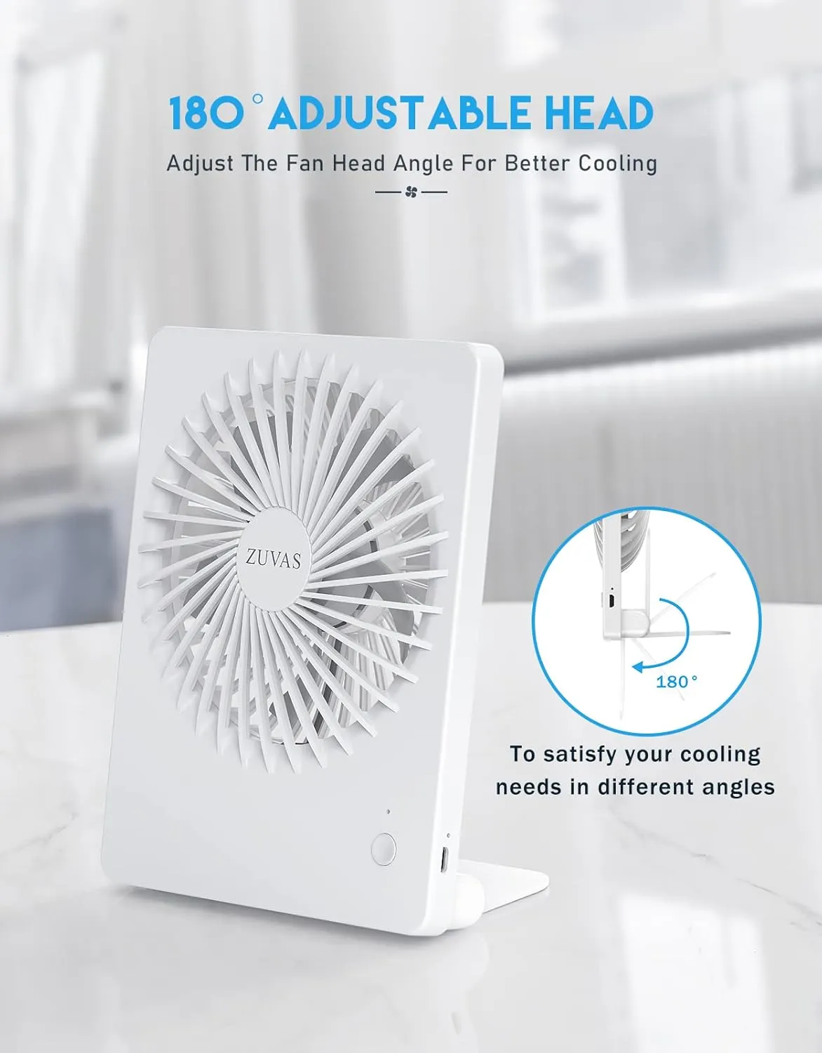 Zuvas Desk Fan Battery Operated Fan Rechargeable 180Tilt Folding Personal Fan Ultra Quiet Small Portable Fan 3 Speed Adjustable Strong Wind USB Fan For Office Bedroom Home Desktop Camping (White)