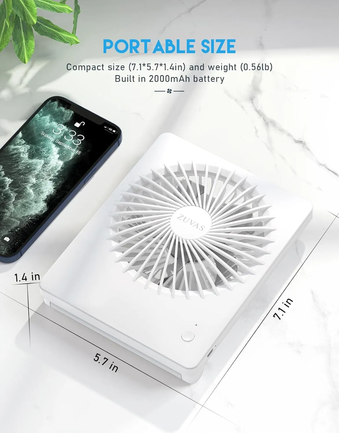 Zuvas Desk Fan Battery Operated Fan Rechargeable 180Tilt Folding Personal Fan Ultra Quiet Small Portable Fan 3 Speed Adjustable Strong Wind USB Fan For Office Bedroom Home Desktop Camping (White)