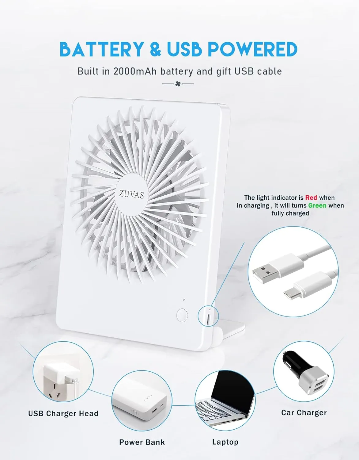 Zuvas Desk Fan Battery Operated Fan Rechargeable 180Tilt Folding Personal Fan Ultra Quiet Small Portable Fan 3 Speed Adjustable Strong Wind USB Fan For Office Bedroom Home Desktop Camping (White)