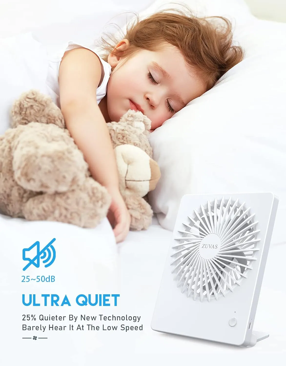 Zuvas Desk Fan Battery Operated Fan Rechargeable 180Tilt Folding Personal Fan Ultra Quiet Small Portable Fan 3 Speed Adjustable Strong Wind USB Fan For Office Bedroom Home Desktop Camping (White)