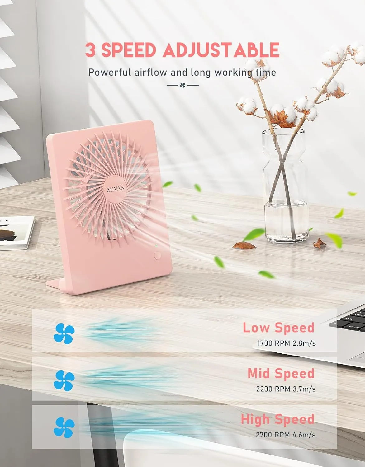 Zuvas Desk Fan Battery Operated Fan Rechargeable 180Tilt Folding Personal Fan Ultra Quiet Small Portable Fan 3 Speed Adjustable Strong Wind USB Fan For Office Bedroom Home Desktop Camping