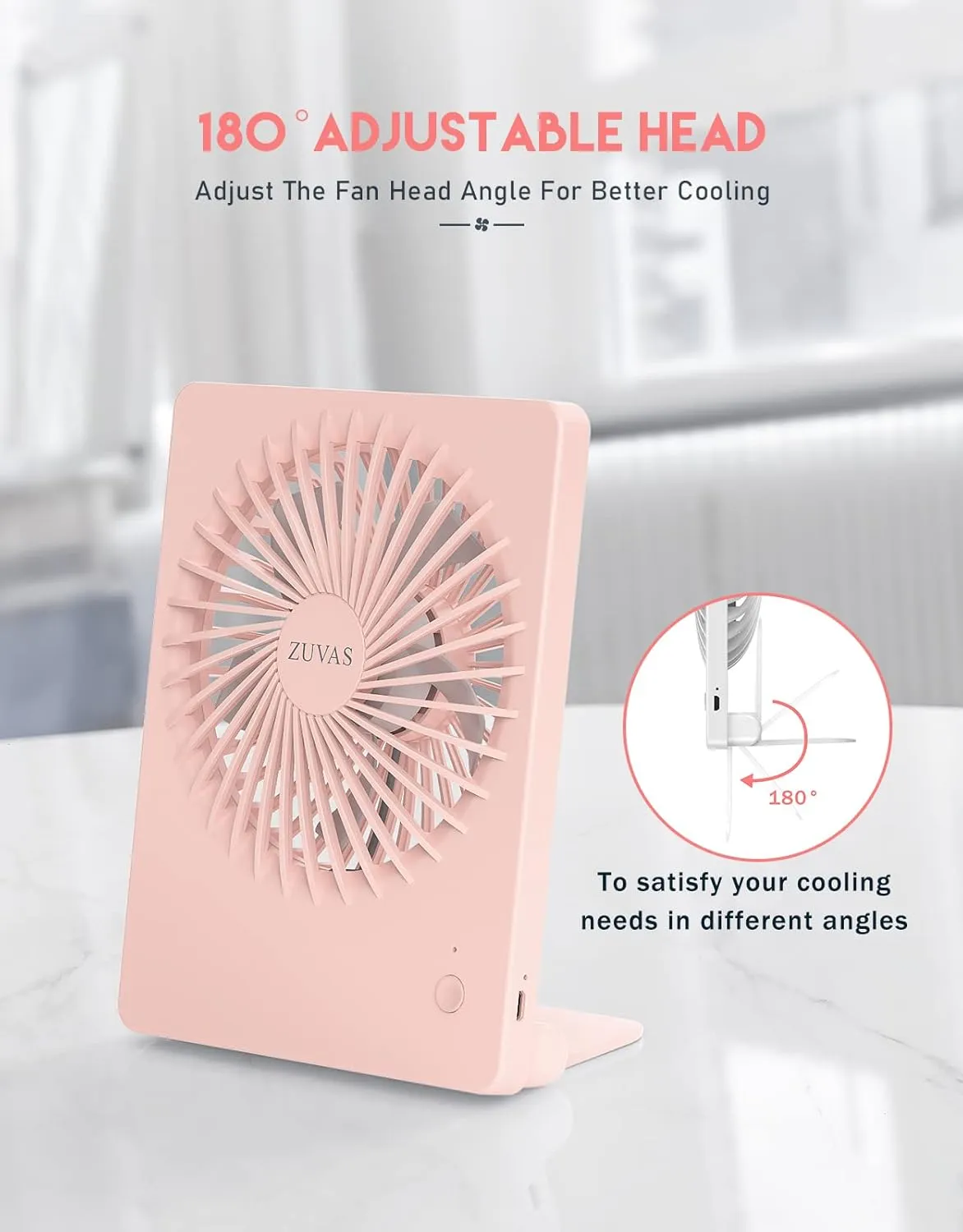 Zuvas Desk Fan Battery Operated Fan Rechargeable 180Tilt Folding Personal Fan Ultra Quiet Small Portable Fan 3 Speed Adjustable Strong Wind USB Fan For Office Bedroom Home Desktop Camping