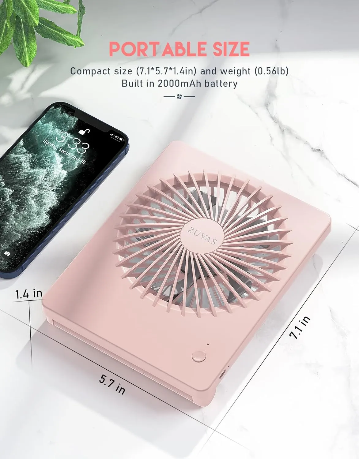Zuvas Desk Fan Battery Operated Fan Rechargeable 180Tilt Folding Personal Fan Ultra Quiet Small Portable Fan 3 Speed Adjustable Strong Wind USB Fan For Office Bedroom Home Desktop Camping