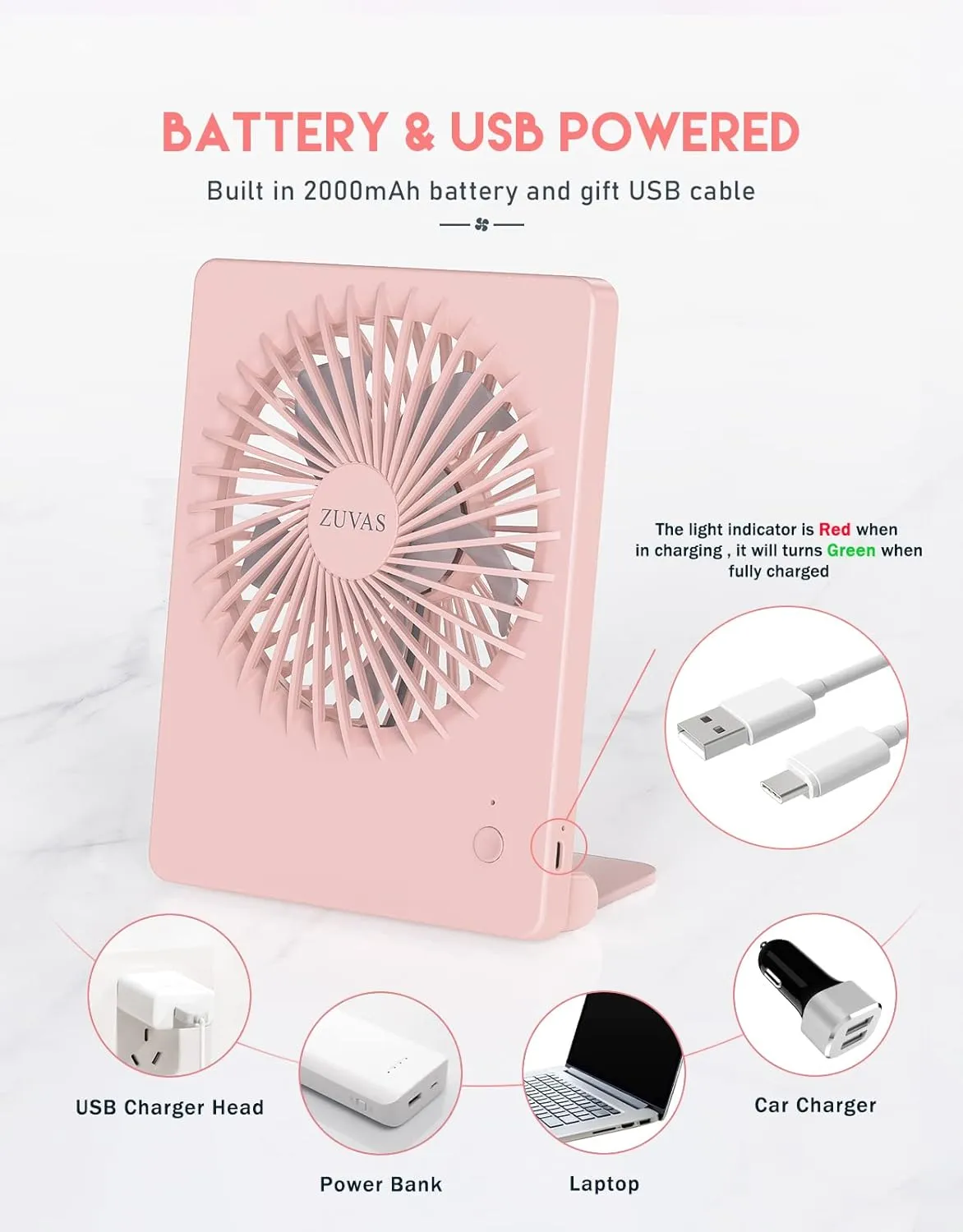 Zuvas Desk Fan Battery Operated Fan Rechargeable 180Tilt Folding Personal Fan Ultra Quiet Small Portable Fan 3 Speed Adjustable Strong Wind USB Fan For Office Bedroom Home Desktop Camping