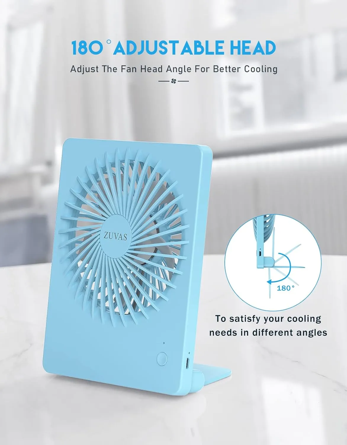 Zuvas Desk Fan Battery Operated Rechargeable 180Tilt Folding Personal Fan Ultra Quiet Small Portable Fan 3 Speed Adjustable Strong Wind For Office Bedroom Home Desktop Camping (Blue)