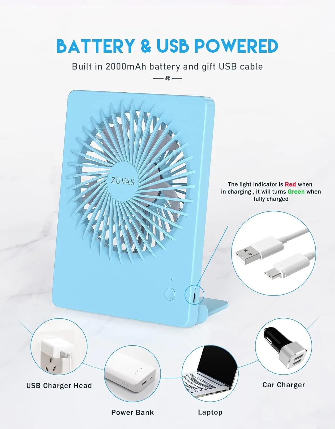 Zuvas Desk Fan Battery Operated Rechargeable 180Tilt Folding Personal Fan Ultra Quiet Small Portable Fan 3 Speed Adjustable Strong Wind For Office Bedroom Home Desktop Camping (Blue)