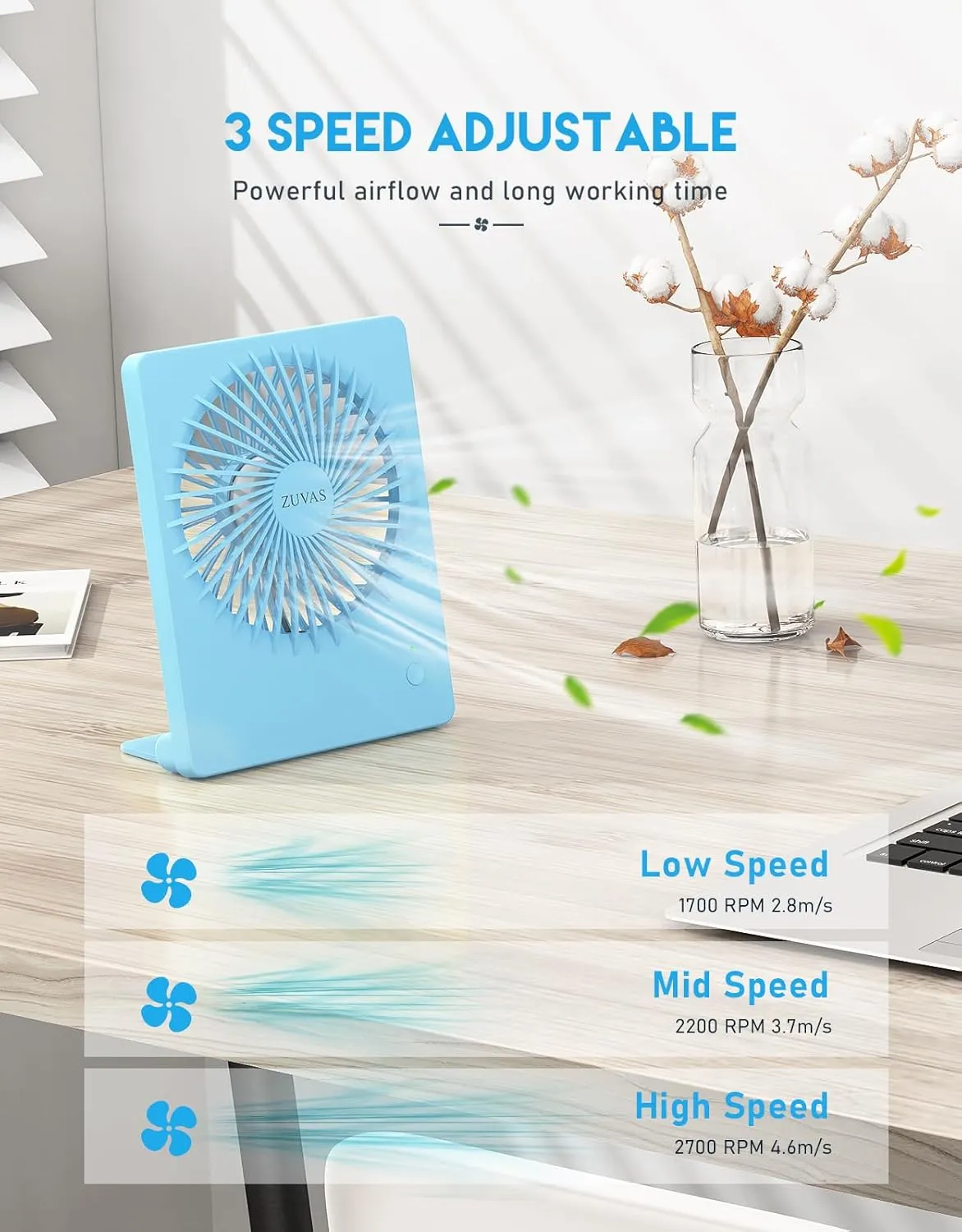 Zuvas Desk Fan Battery Operated Rechargeable 180Tilt Folding Personal Fan Ultra Quiet Small Portable Fan 3 Speed Adjustable Strong Wind For Office Bedroom Home Desktop Camping (Blue)