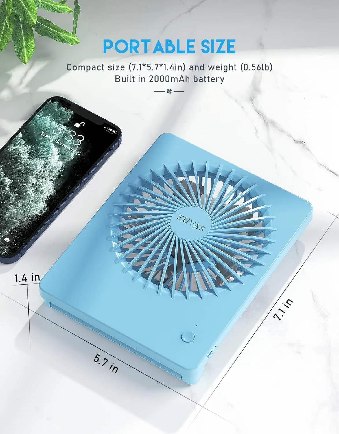 Zuvas Desk Fan Battery Operated Rechargeable 180Tilt Folding Personal Fan Ultra Quiet Small Portable Fan 3 Speed Adjustable Strong Wind For Office Bedroom Home Desktop Camping (Blue)
