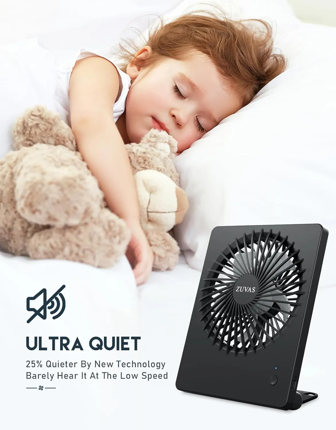 Zuvas Desk Fan Battery Operated, Rechargeable 180Tilt Folding Personal Ultra Quiet Small Portable Fan 3 Speed Adjustable Strong Wind USB Fan For Office Bedroom Home Desktop Camping (Black)