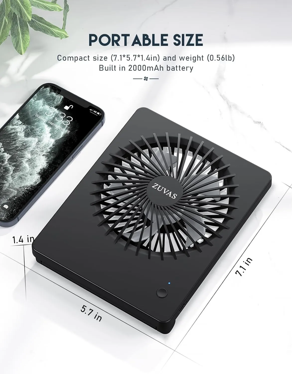 Zuvas Desk Fan Battery Operated, Rechargeable 180Tilt Folding Personal Ultra Quiet Small Portable Fan 3 Speed Adjustable Strong Wind USB Fan For Office Bedroom Home Desktop Camping (Black)