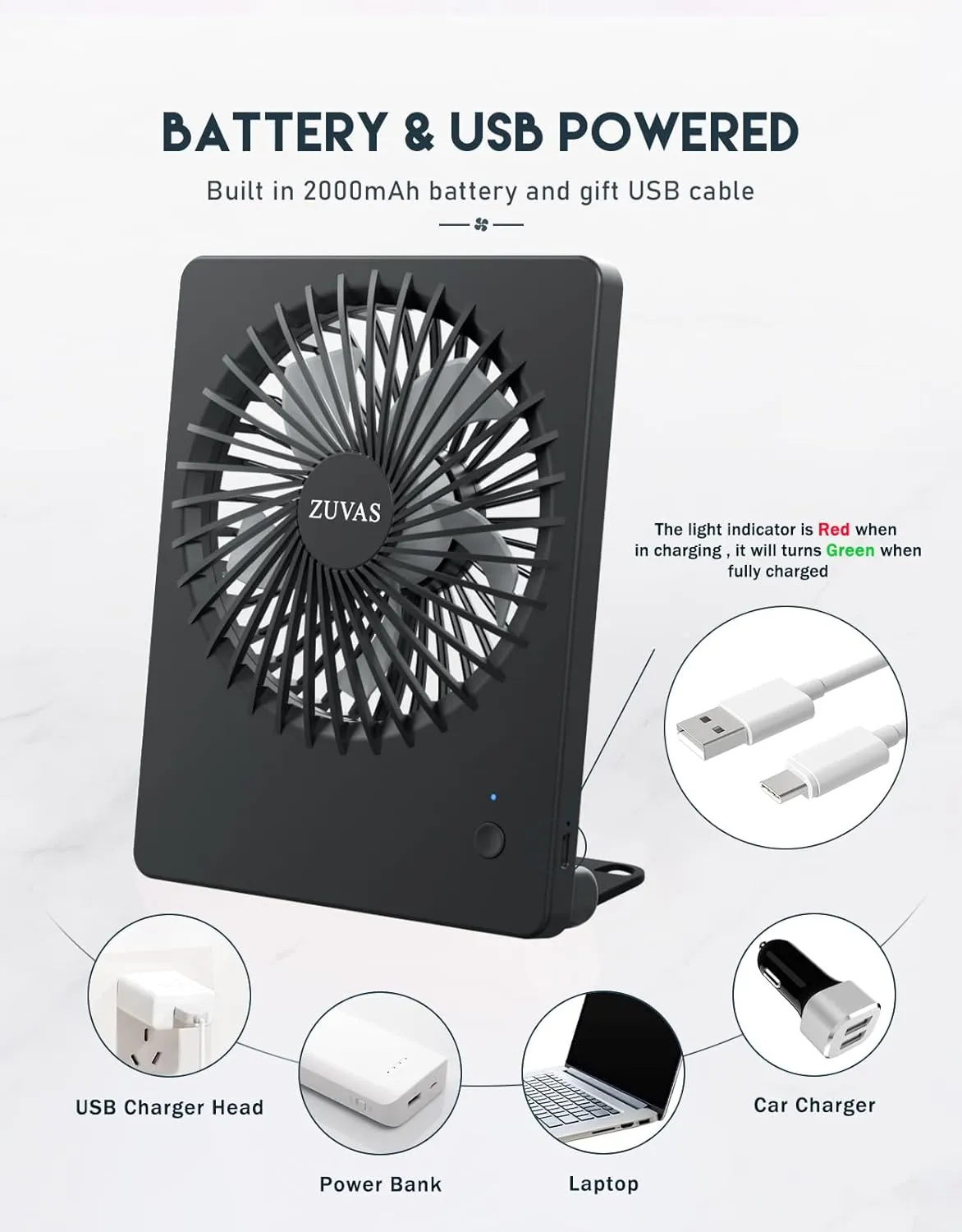 Zuvas Desk Fan Battery Operated, Rechargeable 180Tilt Folding Personal Ultra Quiet Small Portable Fan 3 Speed Adjustable Strong Wind USB Fan For Office Bedroom Home Desktop Camping (Black)
