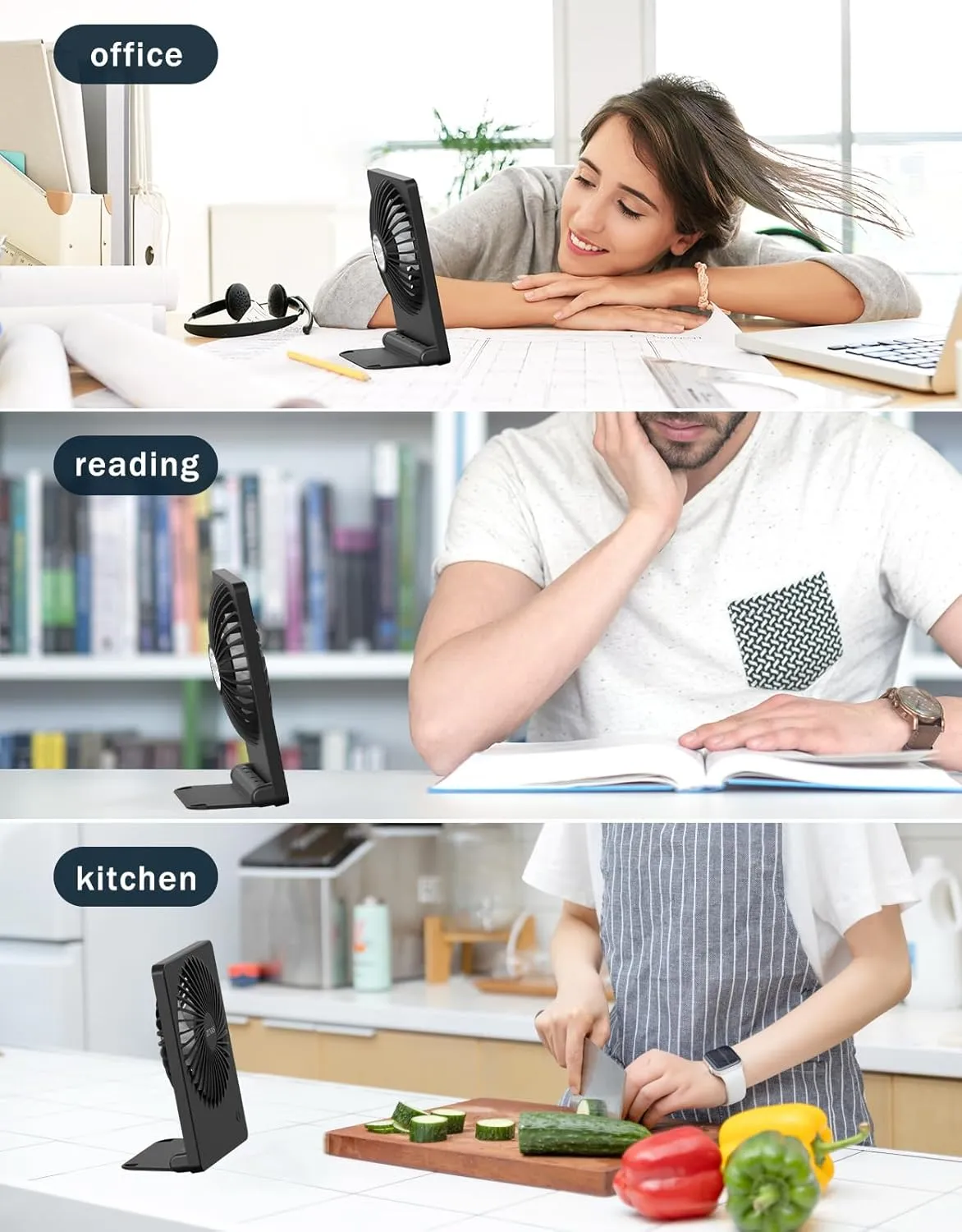Zuvas Desk Fan Battery Operated, Rechargeable 180Tilt Folding Personal Ultra Quiet Small Portable Fan 3 Speed Adjustable Strong Wind USB Fan For Office Bedroom Home Desktop Camping (Black)