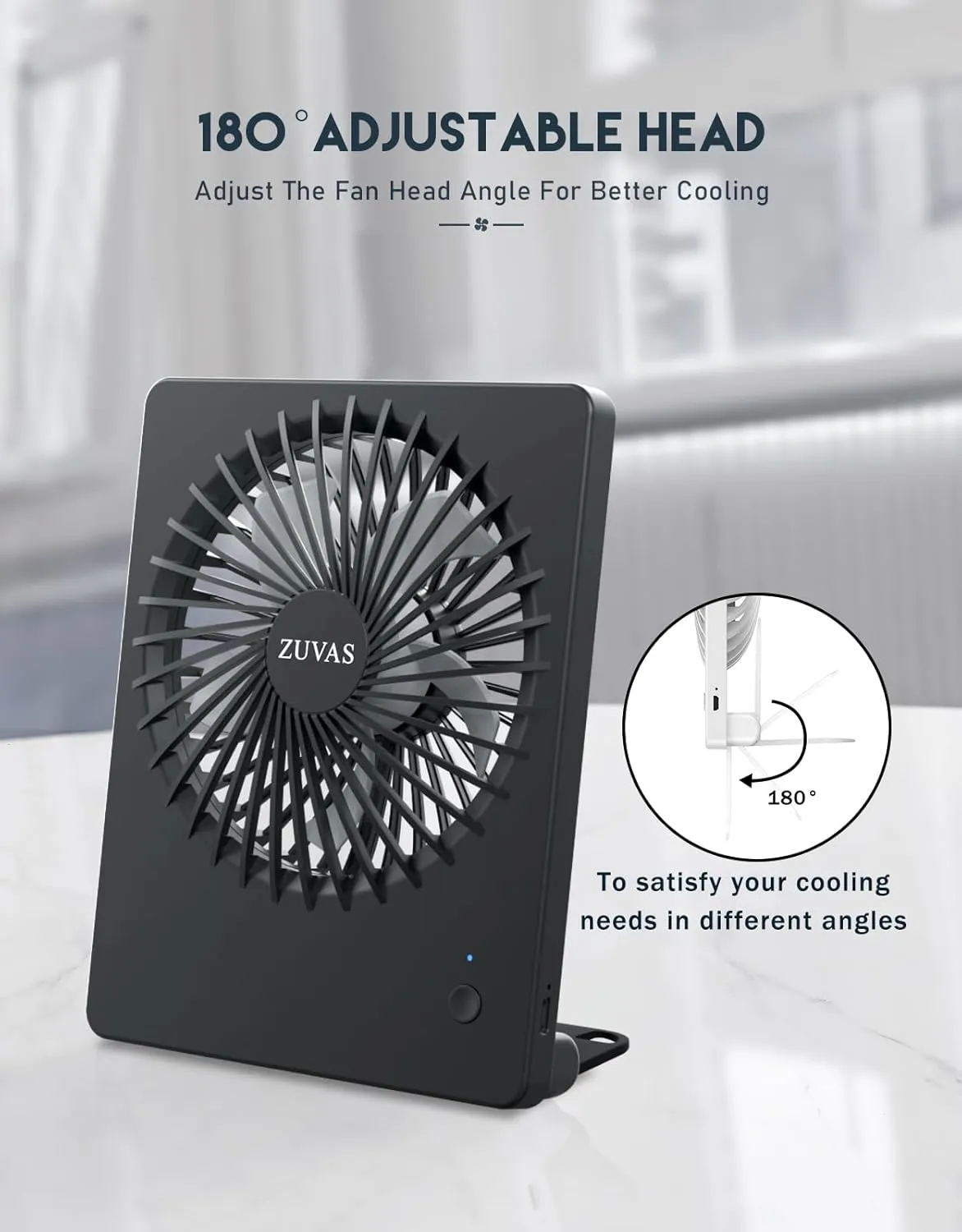 Zuvas Desk Fan Battery Operated, Rechargeable 180Tilt Folding Personal Ultra Quiet Small Portable Fan 3 Speed Adjustable Strong Wind USB Fan For Office Bedroom Home Desktop Camping (Black)