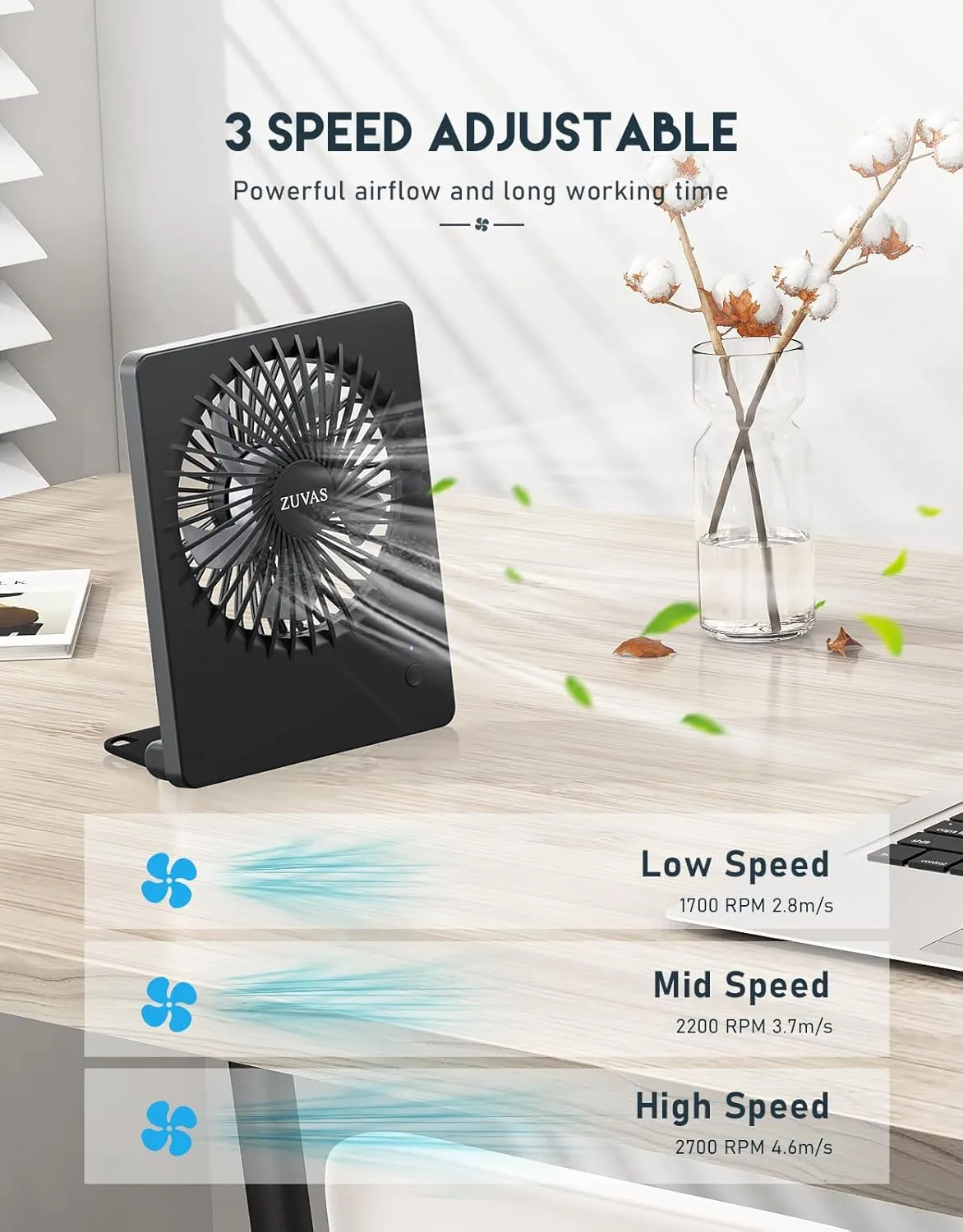 Zuvas Desk Fan Battery Operated, Rechargeable 180Tilt Folding Personal Ultra Quiet Small Portable Fan 3 Speed Adjustable Strong Wind USB Fan For Office Bedroom Home Desktop Camping (Black)