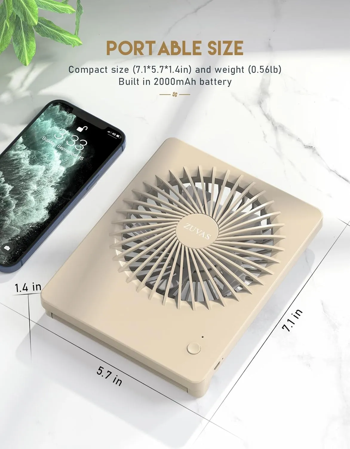 Zuvas Desk Fan Battery Operated Rechargeable 180Tilt Folding Personal Ultra Quiet Small Portable Fan Beige