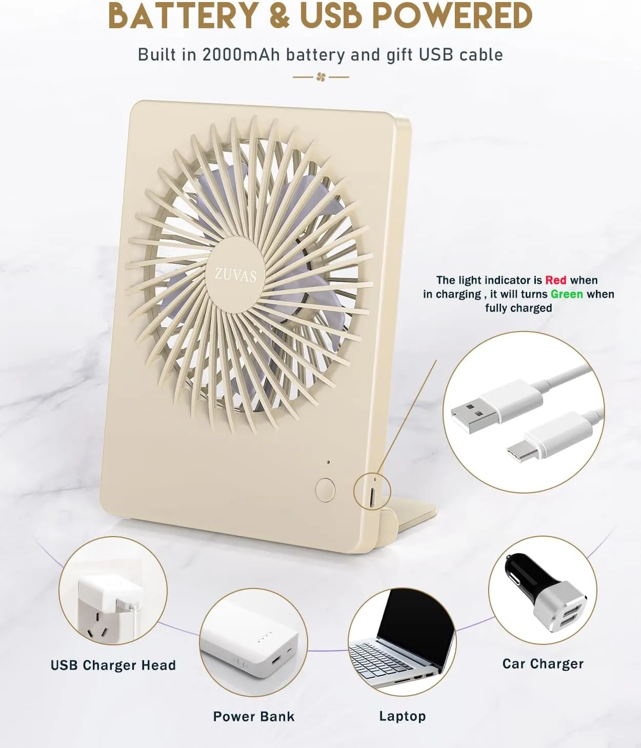 Zuvas Desk Fan Battery Operated Rechargeable 180Tilt Folding Personal Ultra Quiet Small Portable Fan Beige