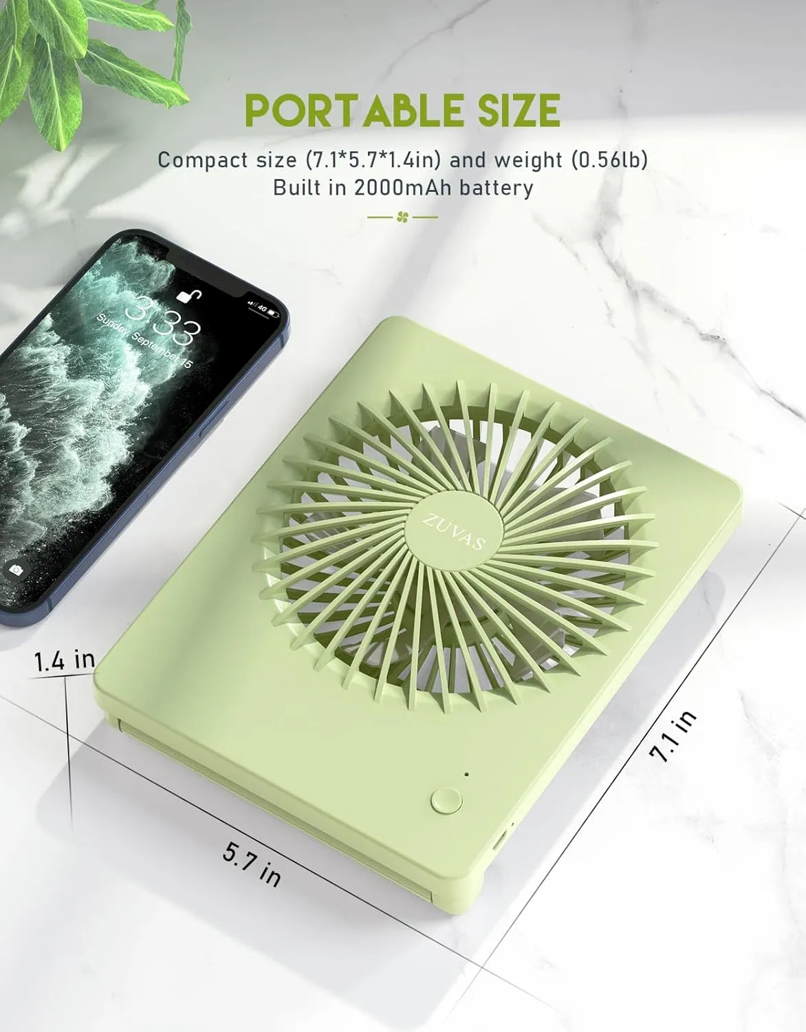 Zuvas Desk Fan Battery Operated Rechargeable 180Tilt Folding Personal Ultra Quiet Small Portable Fan Light Green