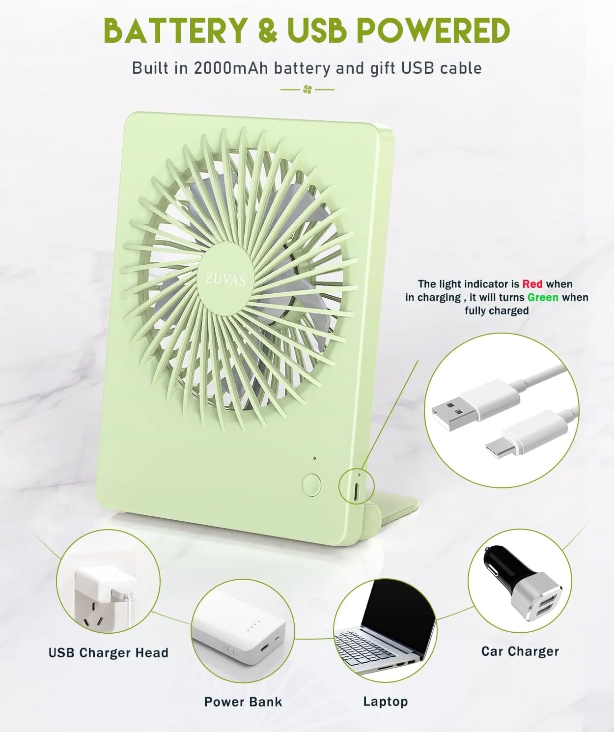 Zuvas Desk Fan Battery Operated Rechargeable 180Tilt Folding Personal Ultra Quiet Small Portable Fan Light Green