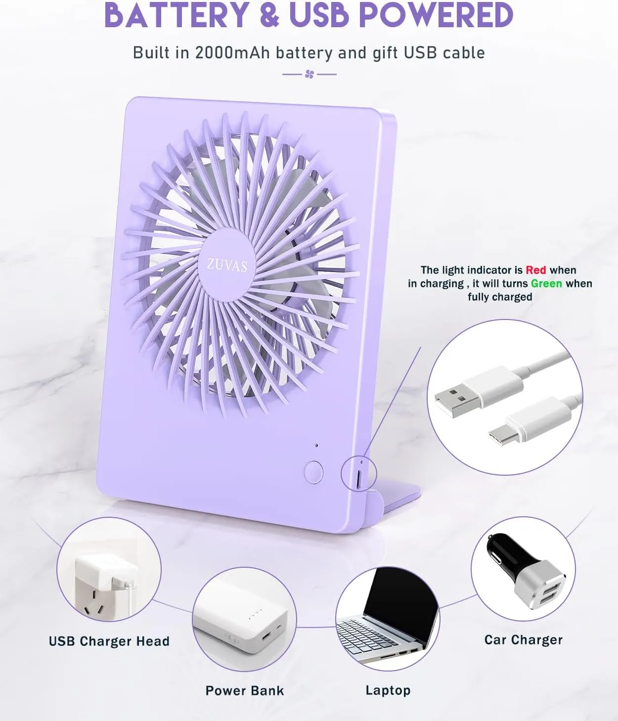 Zuvas Desk Fan Battery Operated Rechargeable 180Tilt Folding Personal Ultra Quiet Small Portable Fan Light Purple