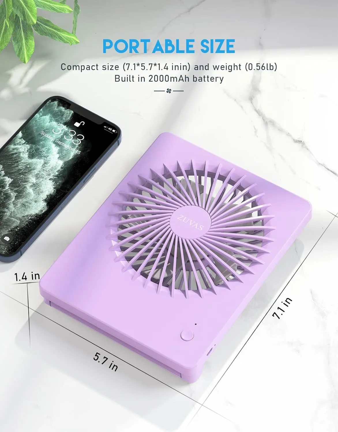Zuvas Desk Fan Battery Operated Rechargeable 180Tilt Folding Personal Ultra Quiet Small Portable Fan Light Purple