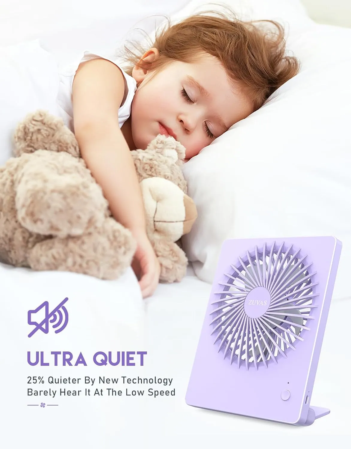 Zuvas Desk Fan Battery Operated Rechargeable 180Tilt Folding Personal Ultra Quiet Small Portable Fan Light Purple