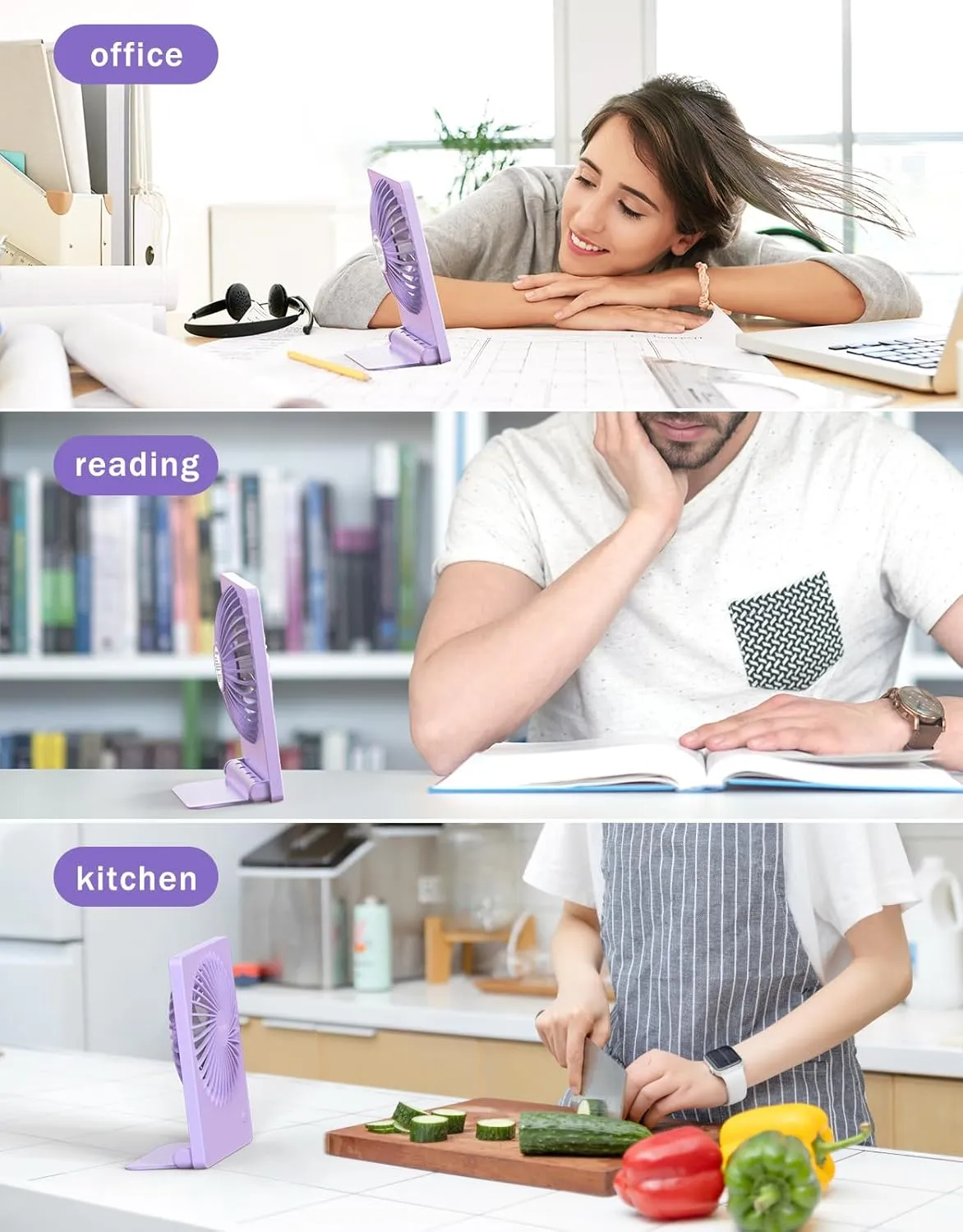Zuvas Desk Fan Battery Operated Rechargeable 180Tilt Folding Personal Ultra Quiet Small Portable Fan Light Purple