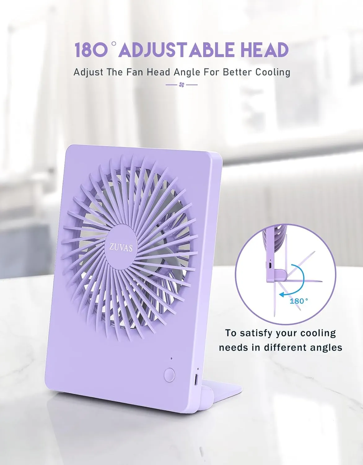 Zuvas Desk Fan Battery Operated Rechargeable 180Tilt Folding Personal Ultra Quiet Small Portable Fan Light Purple