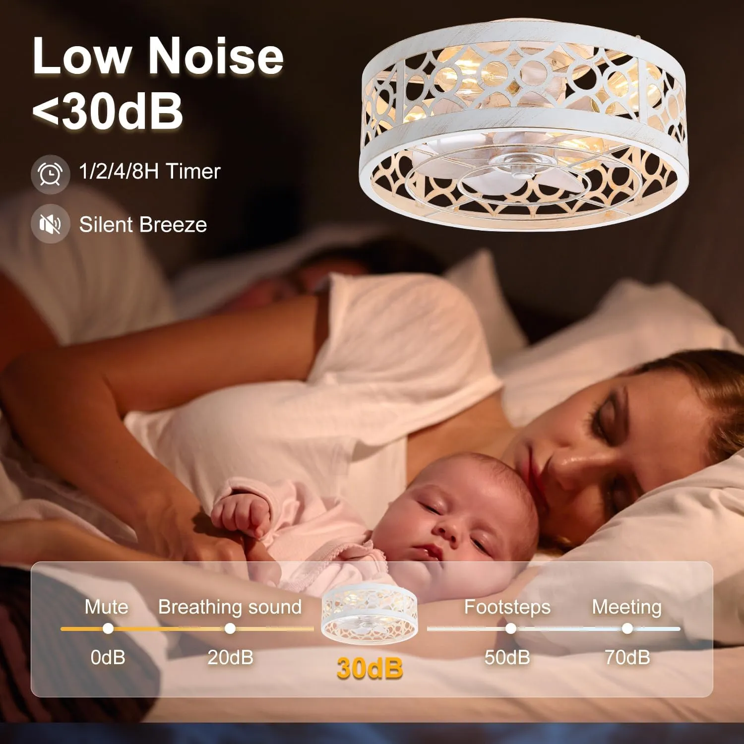 ZYD Caged Ceiling Fans with Lights and Remote, 16.5" Flush Mount Ceiling Fan with Light, Low Profile Caged Ceiling Fan for Low Ceilings, Gold and White Enclosed Blades, Quiet for Bedroom/Home